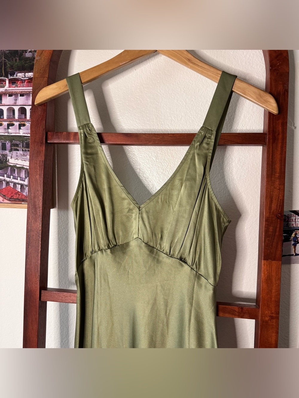 Reformation Daytona 100% Silk Midi Dress Artichoke Green V-Neck - Picture 6 of 10